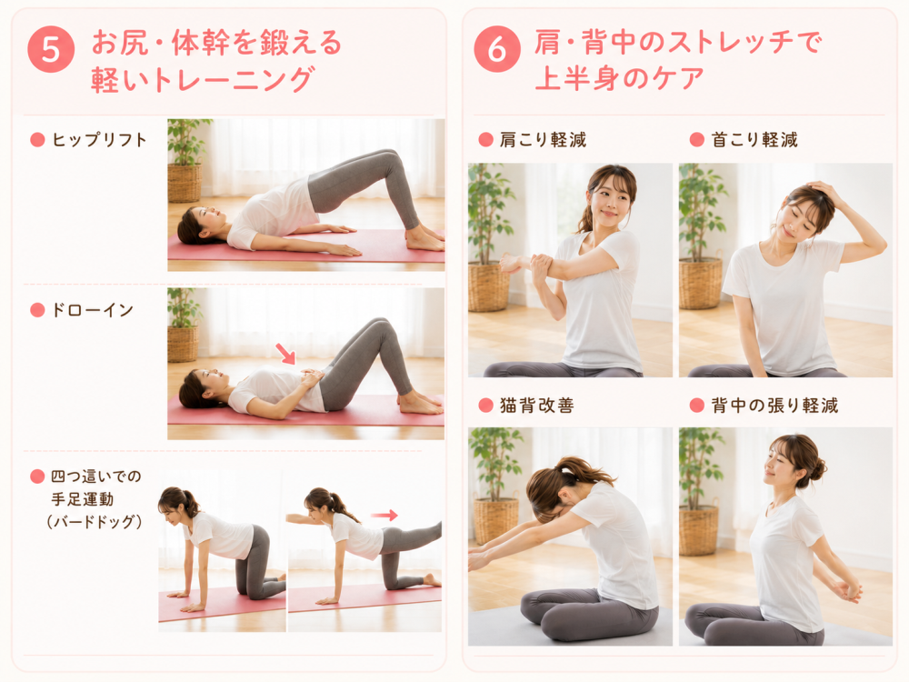 ③骨盤まわりを動かすストレッチ・骨盤の動きがスムーズに・腰痛の予防・股関節の柔軟性アップ・血行促進④短時間のウォーキングで体力回復 ・全身の血流改善・体力の回復・気分転換になる・睡眠の質向上される