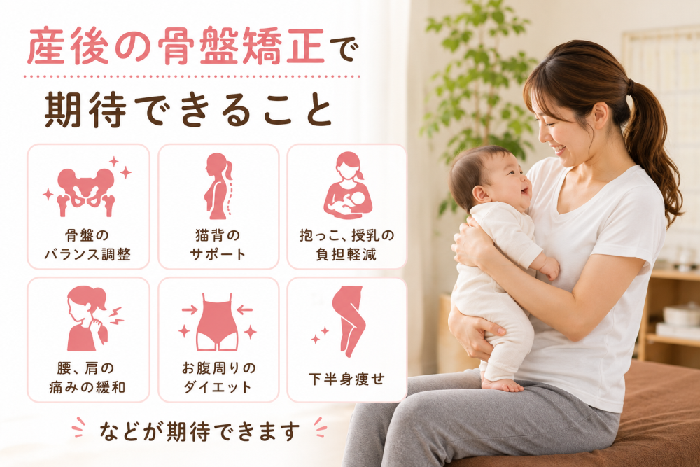 産後の骨盤矯正で期待できること・骨盤のバランス調整・猫背のサポート・抱っこ、授乳の負担軽減・腰、肩の痛みの緩和・お腹周りのダイエット・下半身痩せ などが期待できます