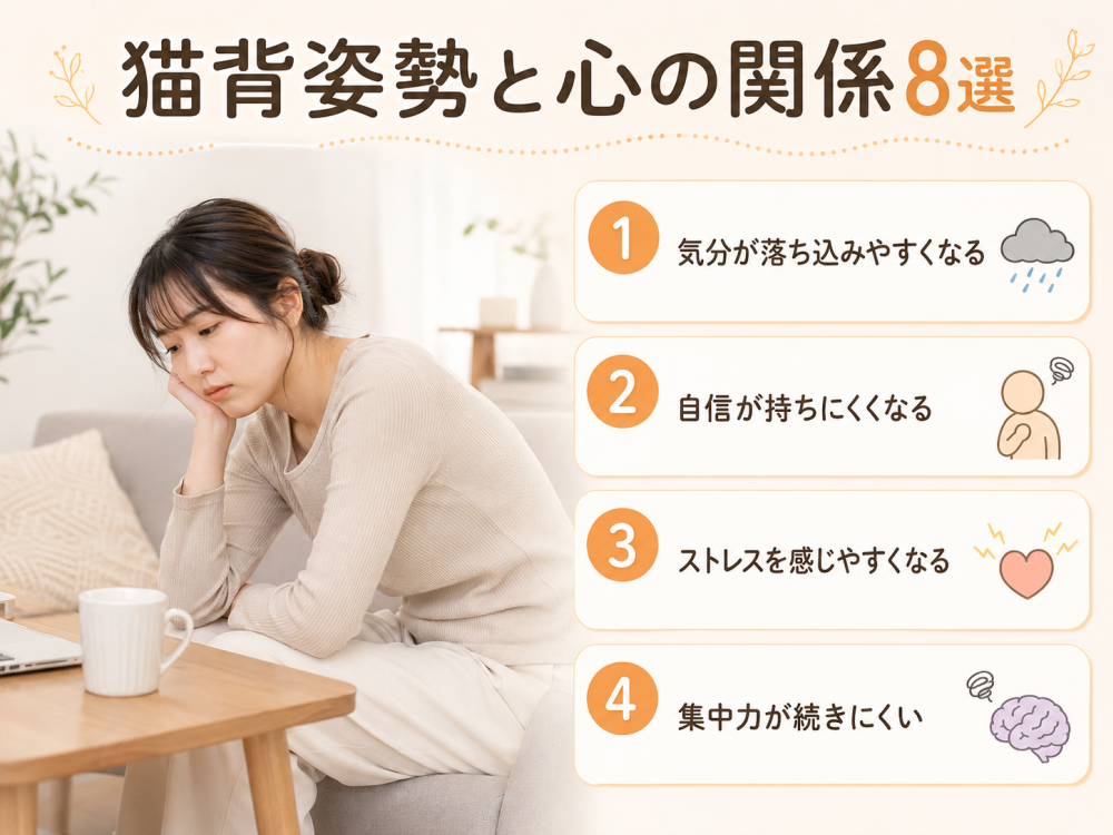 猫背姿勢と心の関係8選1. 気分が落ち込みやすくなる2. 自信が持ちにくくなる3. ストレスを感じやすくなる4. 集中力が続きにくい