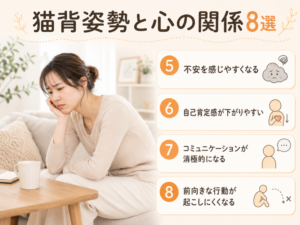 猫背姿勢と心の関係8選5. 不安を感じやすくなる6. 自己肯定感が下がりやすい7. コミュニケーションが消極的になる8. 前向きな行動が起こしにくくなる