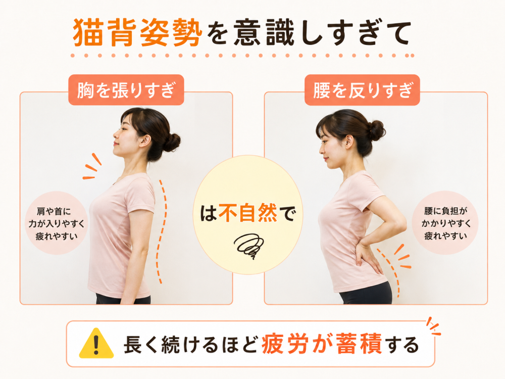 猫背姿勢を意識しすぎて胸を張りすぎ腰を反りすぎは不自然で 長く続けるほど疲労が蓄積する