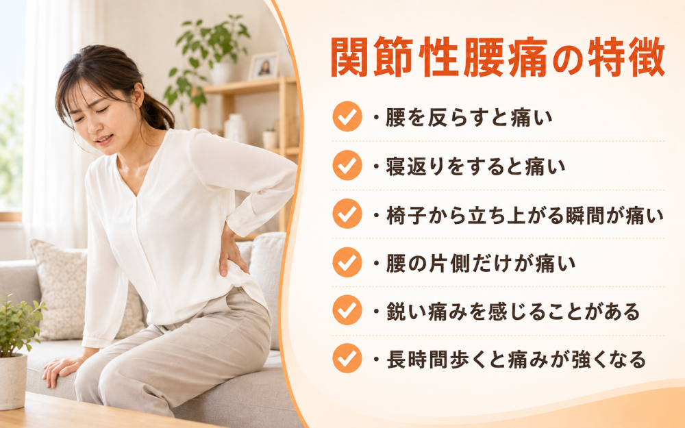 関節性腰痛の特徴・腰を反らすと痛い・寝返りをすると痛い・椅子から立ち上がる瞬間が痛い・腰の片側だけが痛い・鋭い痛みを感じることがある・長時間歩くと痛みが強くなる