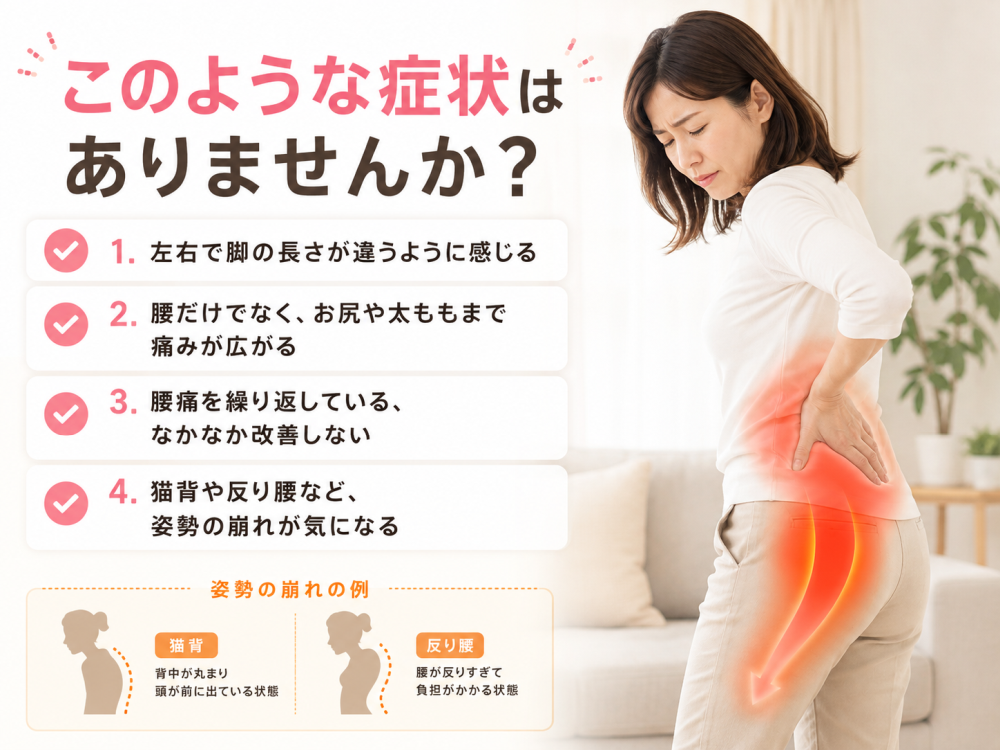 このような症状はありませんか？・左右で脚の長さが違うように感じる・腰だけでなく、お尻や太ももまで痛みが広がる・腰痛を繰り返している、なかなか改善しない・猫背や反り腰など、姿勢の崩れが気になる●姿勢の崩れの例・猫背背中が丸まり頭が前に出ている状態・反り腰腰が反りすぎて負担がかかる状態