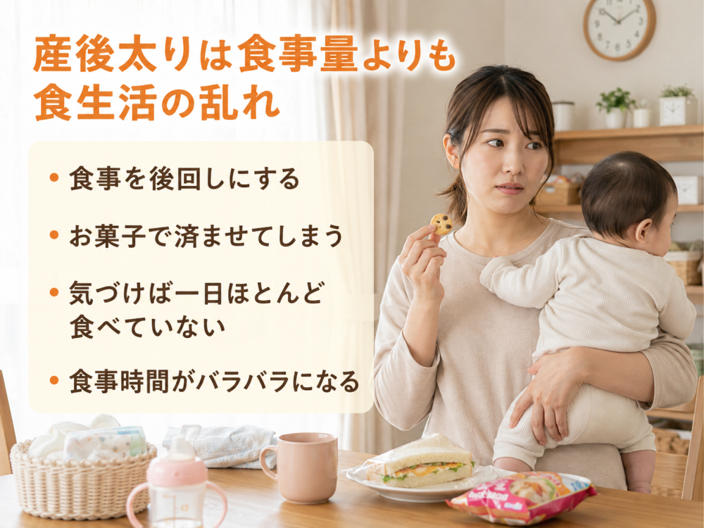 産後太りは食事量よりも食生活の乱れ ・食事を後回しにする ・お菓子で済ませてしまう ・気づけば一日ほとんど食べていない ・食事時間がバラバラになる