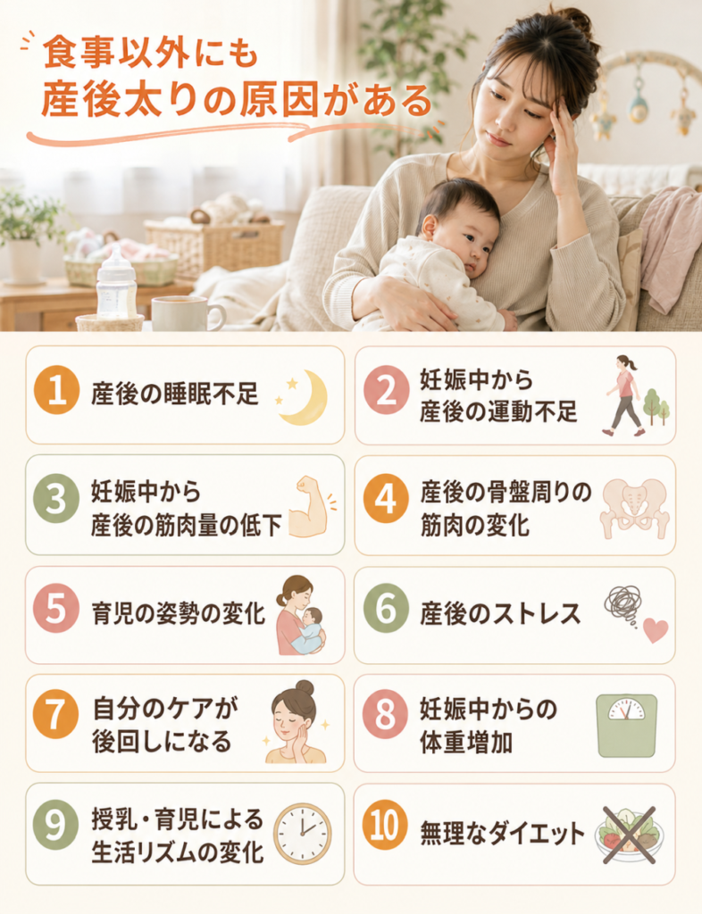 食事以外にも産後太りの原因がある ①産後の睡眠不足 ②妊娠中から産後の運動不足  ③妊娠中から産後の筋肉量の低下  ④産後の骨盤周りの筋肉の変化  ⑤育児の姿勢の変化  ⑥産後のストレス  ⑦自分のケアが後回しになる  ⑧妊娠中からの体重増加  ⑨授乳・育児による生活リズムの変化  ⑩無理なダイエット  