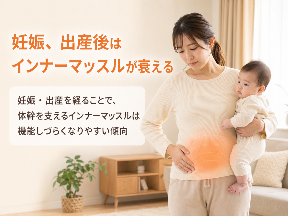 妊娠、出産後はインナーマッスルが衰える妊娠・出産を経ることで、体幹を支えるインナーマッスルは機能しづらくなりやすい傾向