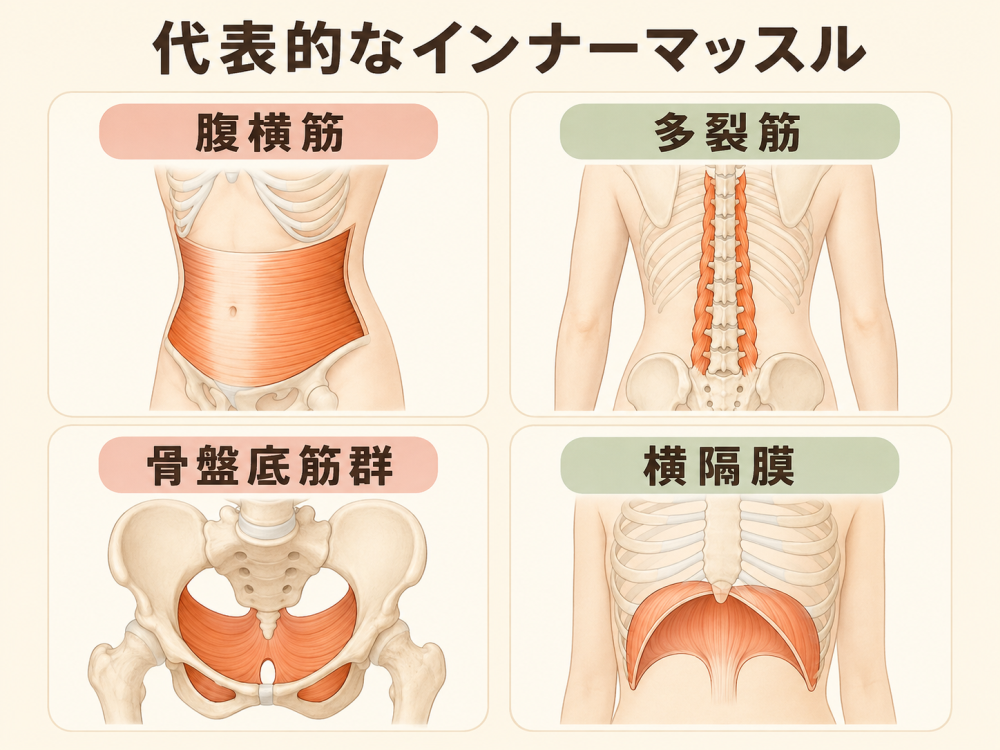 代表的なインナーマッスル・腹横筋・多裂筋・骨盤底筋群・横隔膜