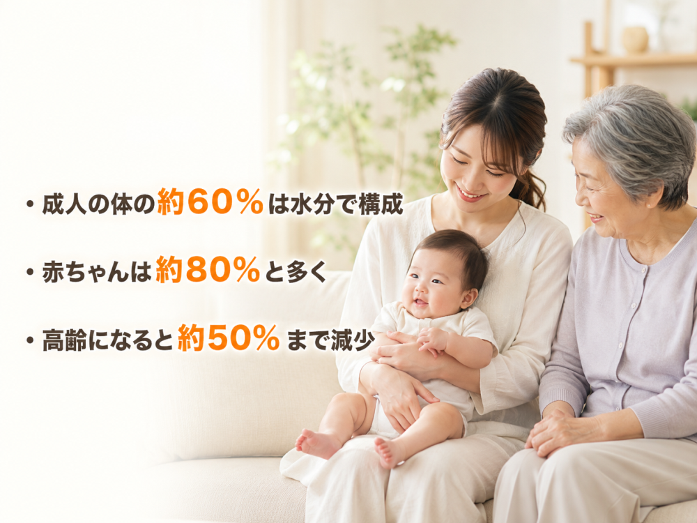 ・成人の体の約60%は水分で構成 ・赤ちゃんは約80%と多く ・高齢になると約50% まで減少
