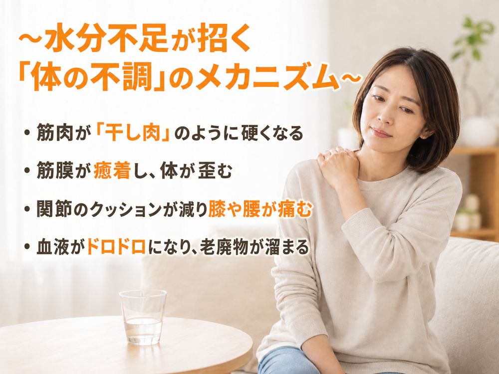 ～水分不足が招く「体の不調」のメカニズム～ を見出しにして ・筋肉が「干し肉」のように硬くなる ・筋膜が癒着し、体が歪む ・関節のクッションが減り膝や腰が痛む・血液がドロドロになり、老廃物が溜まる を付け加えて