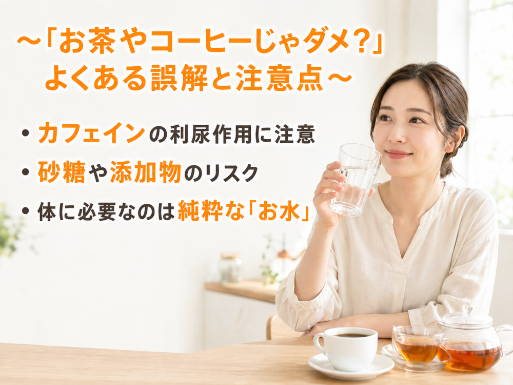 ～「お茶やコーヒーじゃダメ？」よくある誤解と注意点 ～ ・カフェインの利尿作用に注意 ・砂糖や添加物のリスク ・体に必要なのは純粋な「お水」