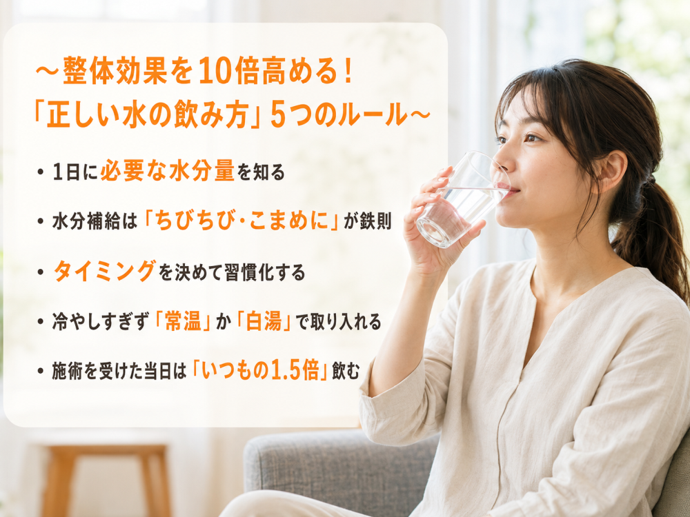 ～整体効果を10倍高める！「正しい水の飲み方」5つのルール～ ・1日に必要な水分量を知る ・水分補給は「ちびちび・こまめに」が鉄則 ・タイミングを決めて習慣化する ・冷やしすぎず「常温」か「白湯」で取り入れる ・施術を受けた当日は「いつもの1.5倍」飲む