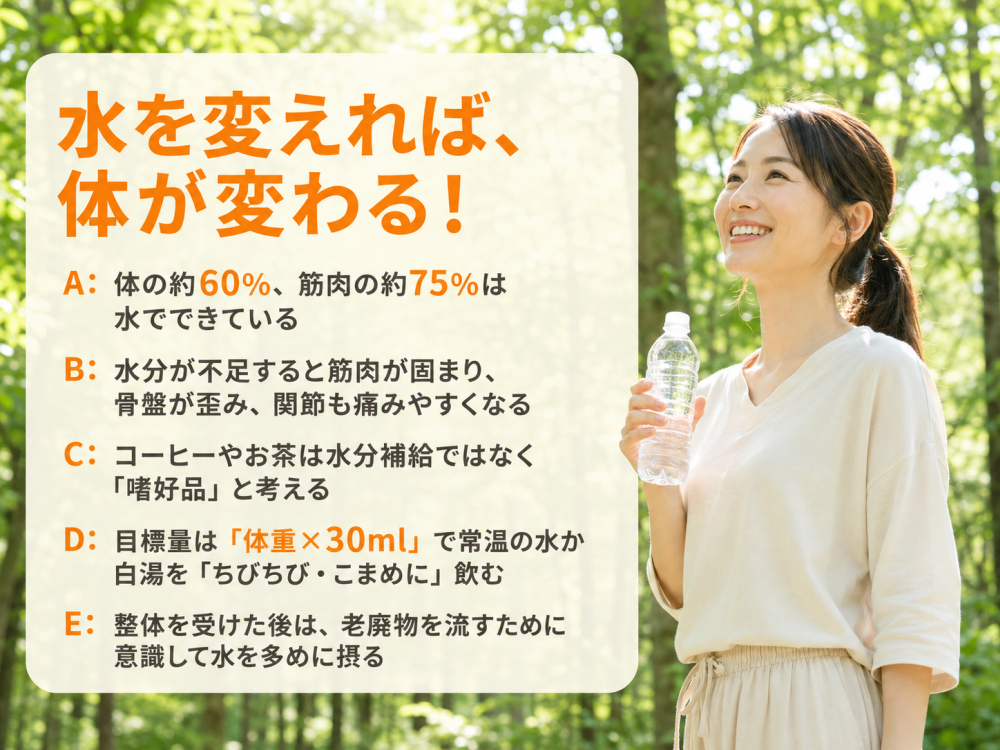 水を変えれば、体が変わる！

A: 体の約60%、筋肉の約75%は水でできている
B: 水分が不足すると筋肉が固まり、骨盤が歪み、関節も痛みやすくなる
C: コーヒーやお茶は水分補給ではなく「嗜好品」と考える
D: 目標量は「体重×30ml」で常温の水か白湯を「ちびちび・こまめに」飲む
E: 整体を受けた後は、老廃物を流すために意識して水を多めに摂る