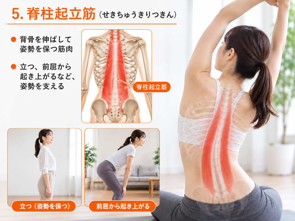 ５.脊柱起立筋（せきちゅうきりつきん）

・背骨を伸ばして姿勢を保つ筋肉
・立つ、前屈から起き上がるなど、姿勢を支える