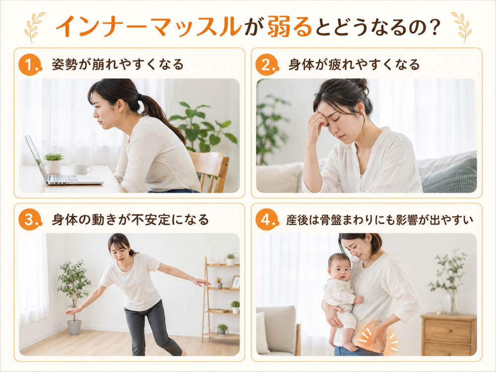 インナーマッスルが弱るとどうなるの？
1．姿勢が崩れやすくなる
2．身体が疲れやすくなる
3．身体の動きが不安定になる
4．産後は骨盤まわりにも影響が出やすい