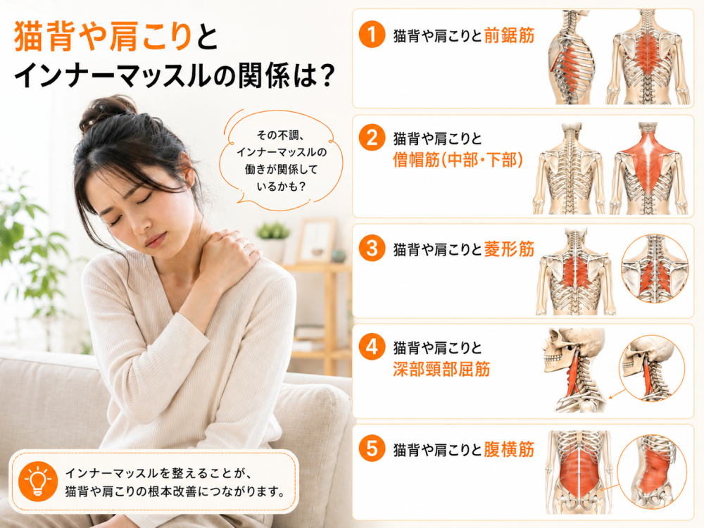 猫背や肩こりとインナーマッスルの関係は？

・猫背や肩こりと前鋸筋
・猫背や肩こりと僧帽筋（中部・下部）
・猫背や肩こりと菱形筋
・猫背や肩こりと深部頸部屈筋
・猫背や肩こりと腹横筋