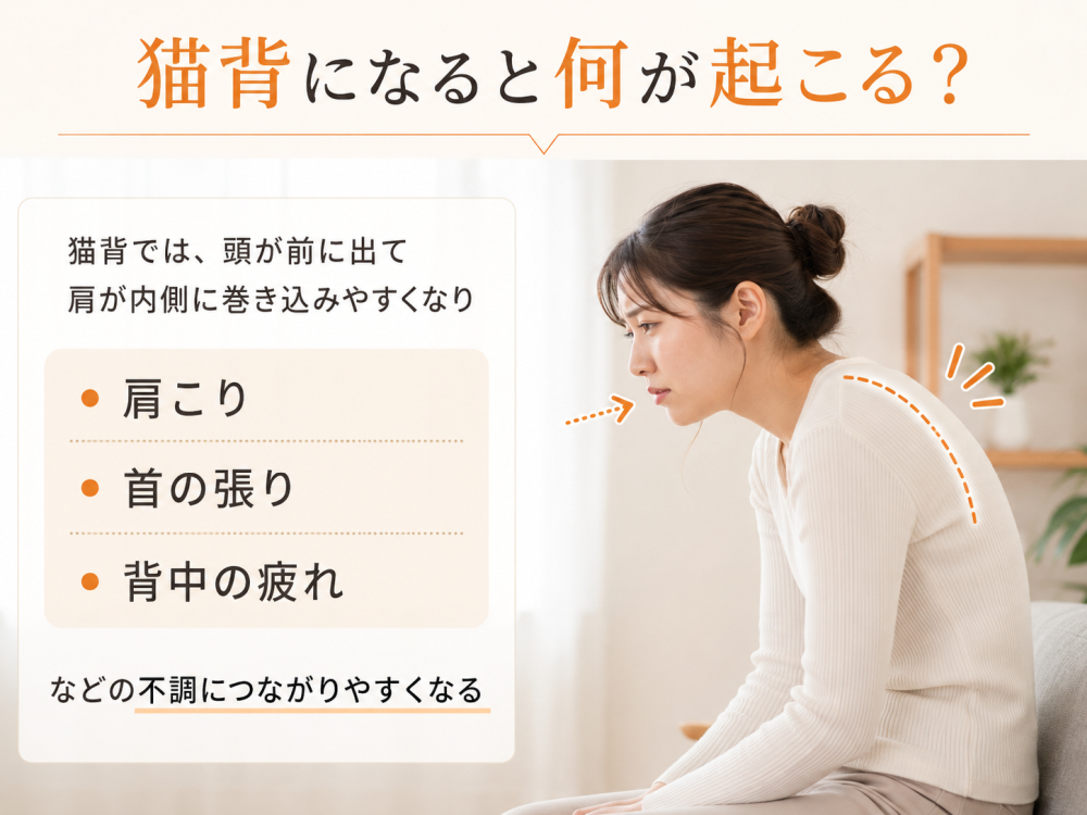 猫背になると何が起こる？

猫背では、頭が前に出て肩が内側に巻き込みやすくなり
・肩こり
・首の張り
・背中の疲れ
などの不調につながりやすくなる