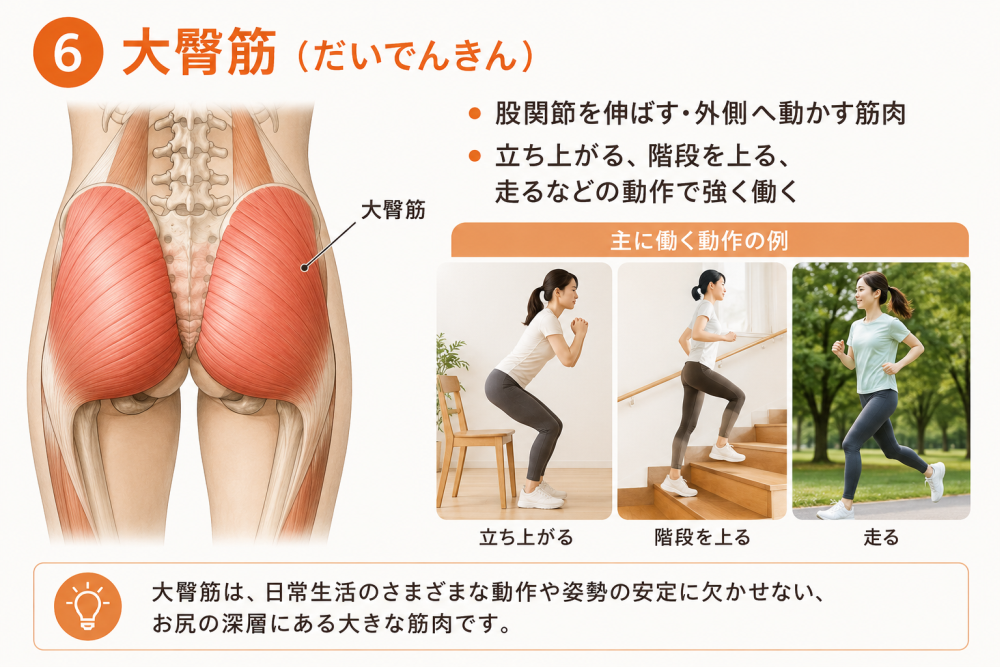 ６.大臀筋（だいでんきん）

・股関節を伸ばす・外側へ動かす筋肉
・立ち上がる、階段を上る、走るなどの動作で強く働く