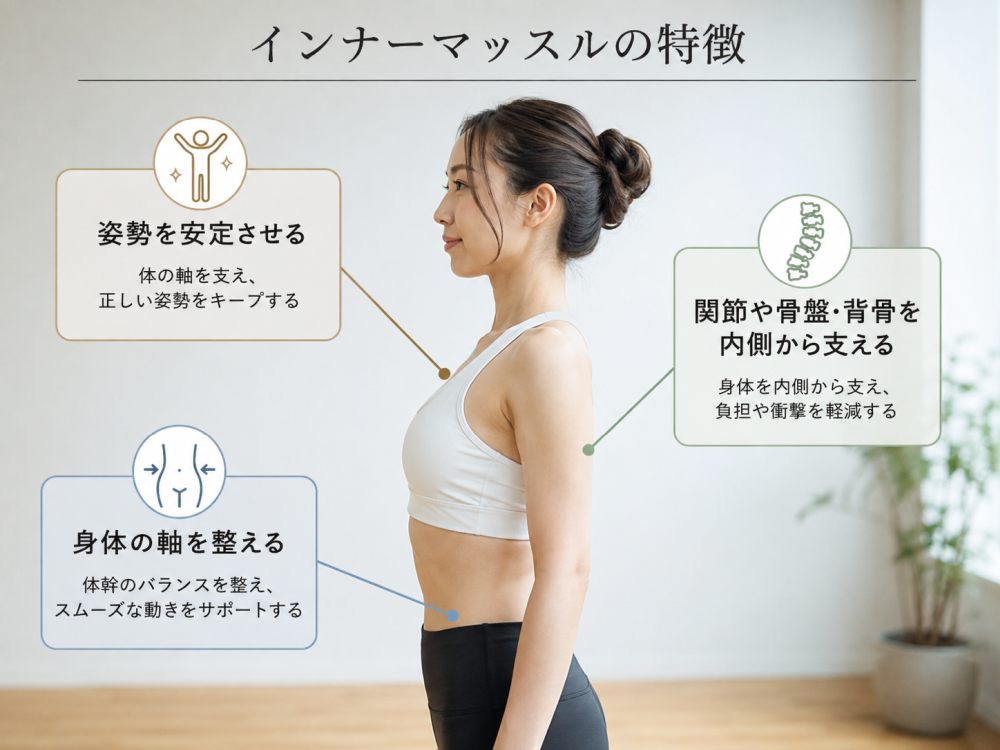 インナーマッスルの特徴

・姿勢を安定させる
・関節や骨盤・背骨を内側から支える
・身体の軸を整える