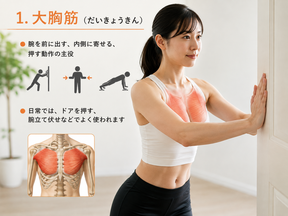 １.大胸筋（だいきょうきん）

・腕を前に出す、内側に寄せる、押す動作の主役
・日常では、ドアを押す、腕立て伏せなどでよく使われます