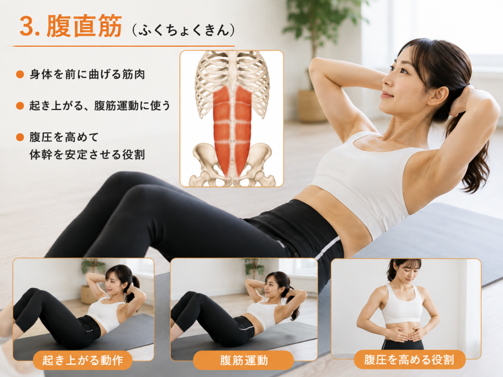 ３.腹直筋（ふくちょくきん）

・身体を前に曲げる筋肉
・起き上がる、腹筋運動、腹圧を高める役割