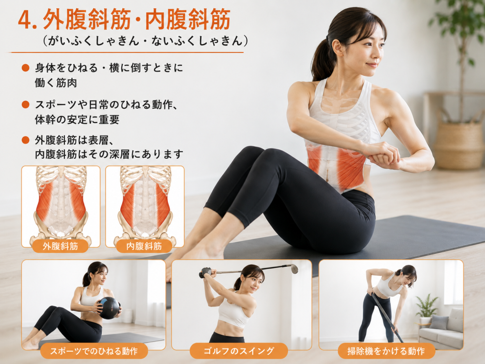４.外腹斜筋・内腹斜筋（がいふくしゃきん・ないふくしゃきん）

・身体をひねる・横に倒すときに働く筋肉
・スポーツや日常のひねる動作、体幹の安定