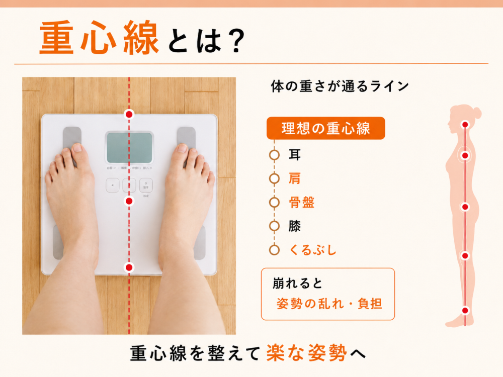重心線とは？ 体の重さが通るライン 理想の重心線 耳ー肩ー骨盤ー膝ーくるぶし 崩れると姿勢の乱れ・負担 重心線を整えて楽な姿勢へ