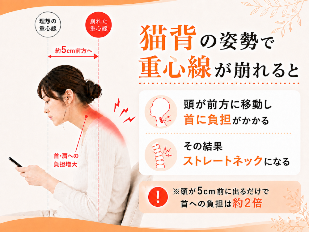 猫背の姿勢で重心線が崩れると 頭が前法に移動し首に負担がかかる その結果ストレートネックになる ※頭が5cm前に出るだけで首への負担は約2倍