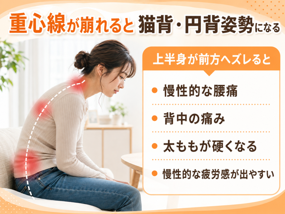 重心線が崩れると 猫背・円背姿勢になる 上半身が前方へズレると ・慢性的な腰痛 ・背中の痛み ・太ももが硬くなる ・慢性的な疲労感が出やすい