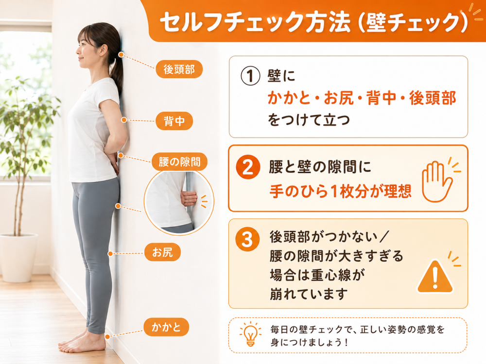 セルフチェック方法（壁チェック） ①壁に かかと・お尻・背中・後頭部 をつけて立つ ②腰と壁の隙間に手のひら1枚分が理想 ③後頭部がつかない／腰の隙間が大きすぎる場合は重心線が崩れています