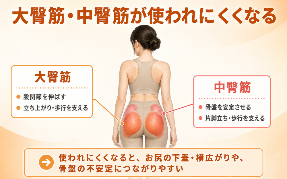 大臀筋・中臀筋が使われにくくなる