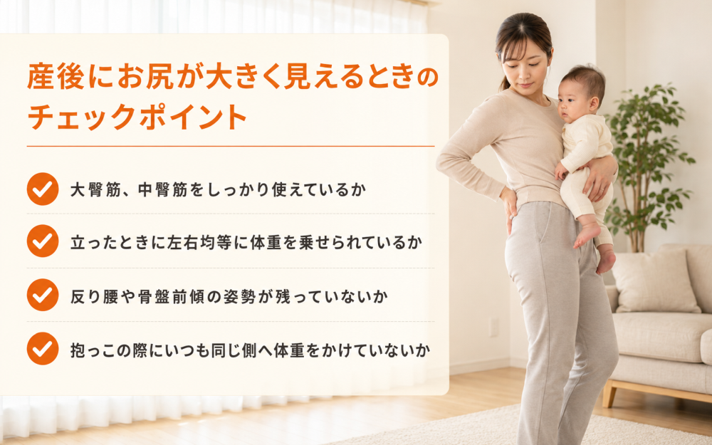 産後にお尻が大きく見えるときのチェックポイント・大臀筋、中臀筋をしっかり使えているか・立ったときに左右均等に体重を乗せられているか・反り腰や骨盤前傾の姿勢が残っていないか・抱っこの際にいつも同じ側へ体重をかけていないか
