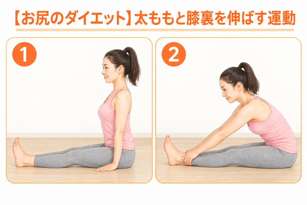 【お尻太り①】太ももと膝裏を伸ばす運動①②