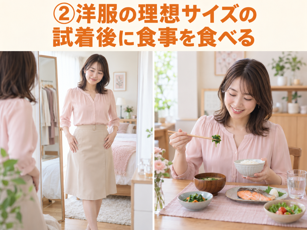 ②洋服の理想サイズの試着後に食事を食べる