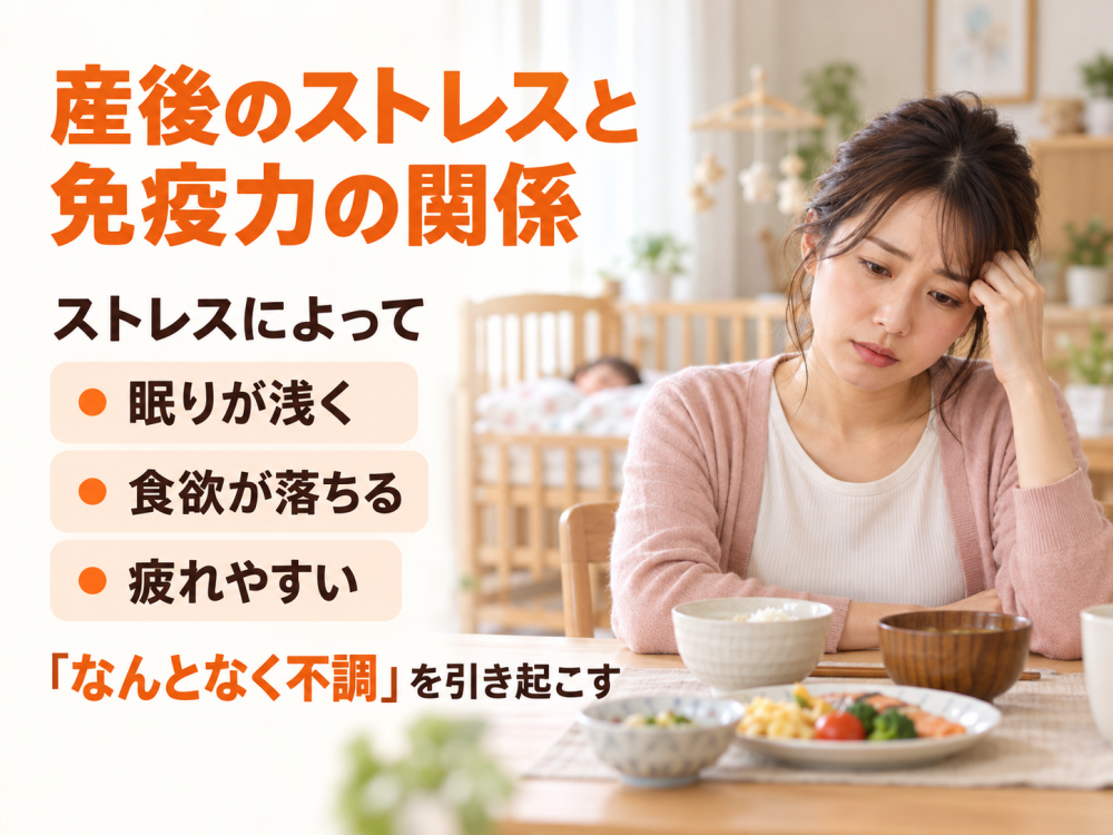 産後のストレスと免疫力の関係ストレスによって・眠りが浅く・食欲が落ちる・疲れやすい「なんとなく不調」を引き起こす