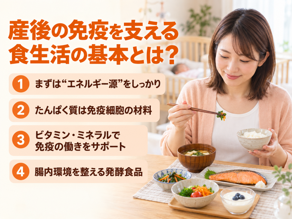 産後の免疫を支える食生活の基本とは？①. まずは“エネルギー源”をしっかり②. たんぱく質は免疫細胞の材料③. ビタミン・ミネラルで免疫の働きをサポート④. 腸内環境を整える発酵食品