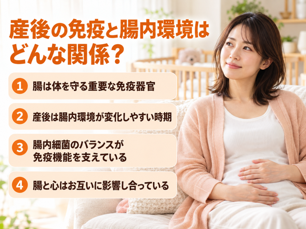 産後の免疫と腸内環境はどんな関係？①. 腸は体を守る重要な免疫器官②. 産後は腸内環境が変化しやすい時期③. 腸内細菌のバランスが免疫機能を支えている④. 腸と心はお互いに影響し合っている