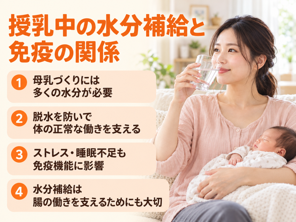授乳中の水分補給が免疫に関係①. 母乳づくりで大量の水分が使われる②. 脱水は免疫細胞の働きを弱める③. 産後はストレス・睡眠不足で炎症が起こりやすい④. 腸内環境にも影響し、免疫の土台が揺らぐ