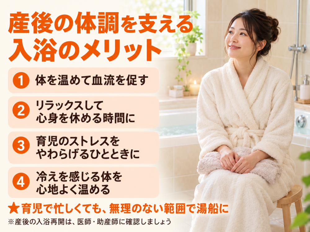 入浴が産後の免疫を支える理由①. 体を温めることで血流がよくなる②. 自律神経が整い、免疫の働きが安定する③. ストレス軽減が免疫力アップにつながる④. 体の冷えを防ぎ、免疫の低下を防ぐ★育児で忙しくても湯船につかる習慣を