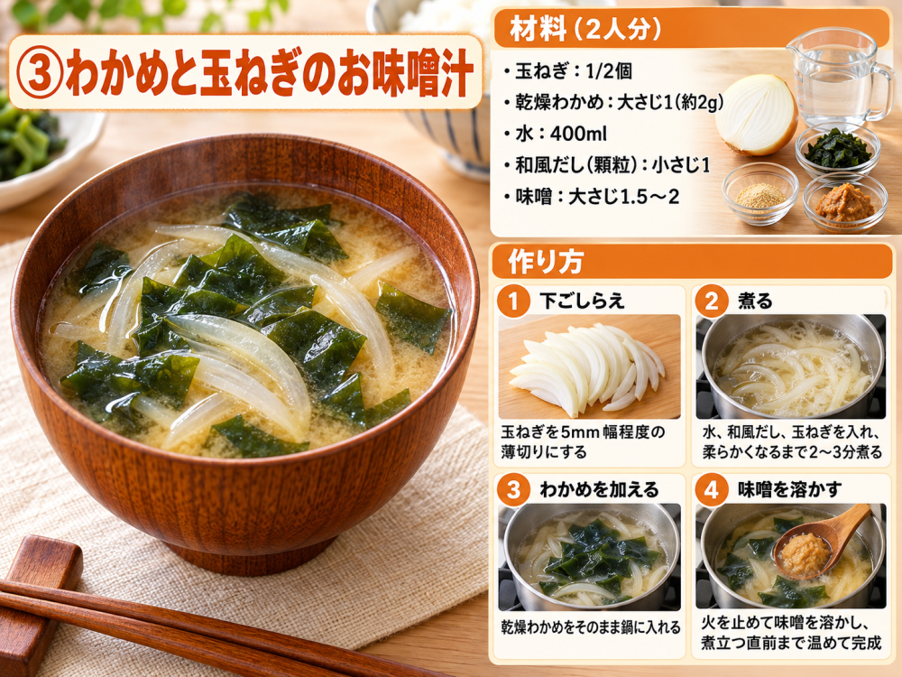 作り方1. 下ごしらえ玉ねぎは皮をむき、薄切り（5mm幅程度）にします。乾燥わかめは水で戻さずそのまま使ってOKです。2. 煮る鍋に水、和風だし、玉ねぎを入れて中火にかけます。沸騰したら弱火にし、玉ねぎが柔らかくなるまで2〜3分煮る3. わかめを加える乾燥わかめをそのまま鍋に入れる4. 味噌を溶かす火を止め（またはごく弱火にし）、味噌を網やレードルでしっかり溶かします。再度軽く温め、煮立つ直前で火を止めれば完成です。