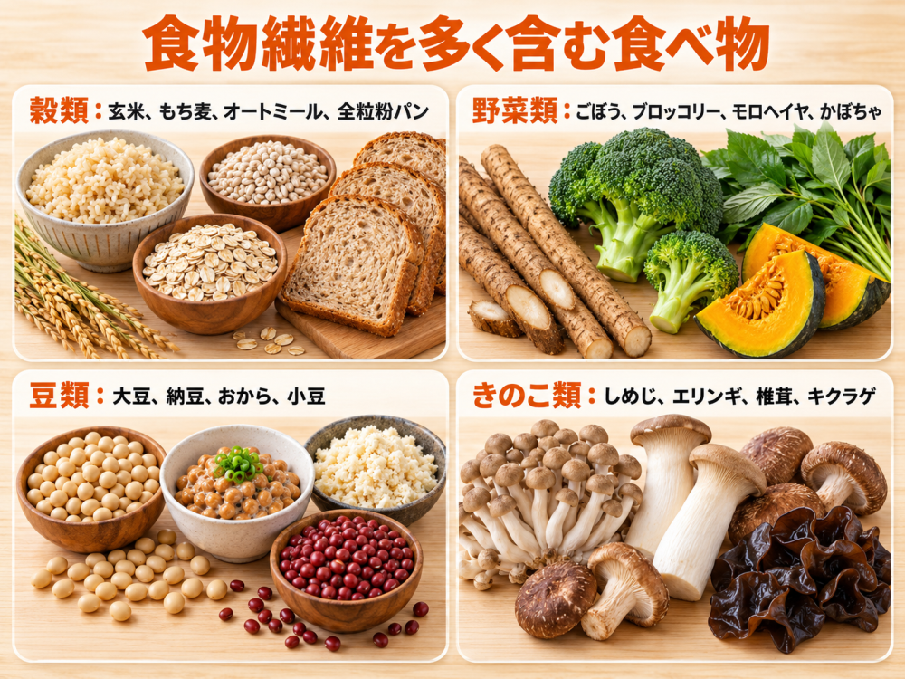 食物繊維を多く含む食べ物⚫︎穀類: 玄米、もち麦、オートミール、全粒粉パン⚫︎野菜類: ごぼう、ブロッコリー、モロヘイヤ、かぼちゃ⚫︎豆類: 大豆、納豆、おから、小豆⚫︎きのこ類: しめじ、エリンギ、椎茸、キクラゲ
