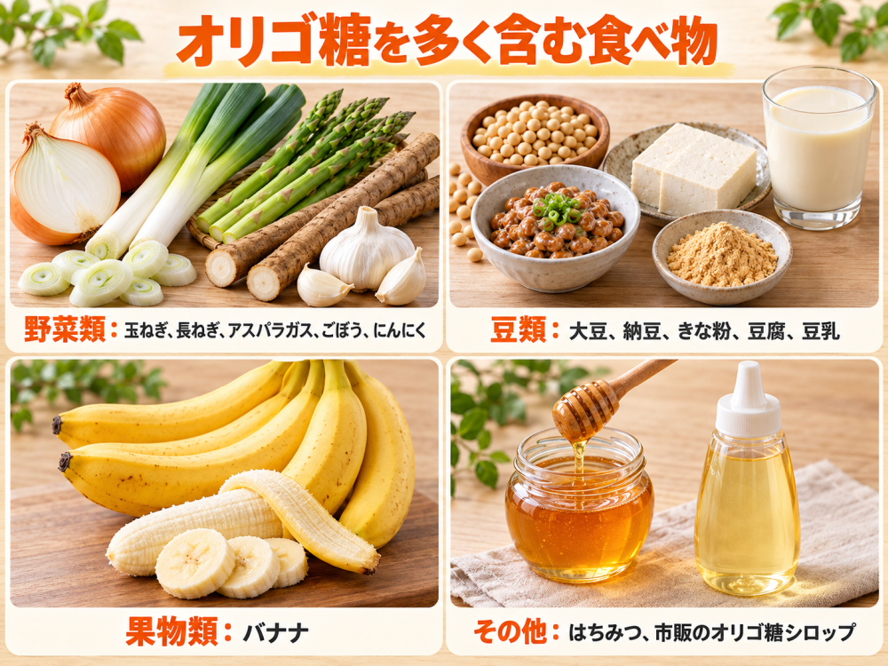 オリゴ糖を多く含む食べ物⚫︎野菜類: 玉ねぎ、長ねぎ、アスパラガス、ごぼう、にんにく⚫︎豆類: 大豆、納豆、きな粉、豆腐、豆乳⚫︎果物類: バナナ⚫︎その他: はちみつ、市販のオリゴ糖シロップ
