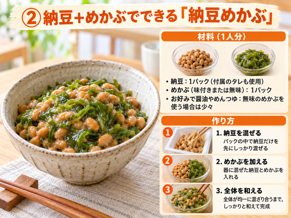 ②納豆 ＋めかぶでできる「納豆めかぶ」材料（1人分）・納豆：1パック（付属のタレも使用）・めかぶ（味付きまたは無味）：1パック・お好みで醤油やめんつゆ：無味のめかぶを使う場合は少々作り方1. 納豆を混ぜるパックの中で納豆だけを先にしっかり混ぜる2. めかぶを加える器に混ぜた納豆とめかぶを入れる3. 全体を和える全体が均一に混ざり合うまで、しっかりと和えて完成