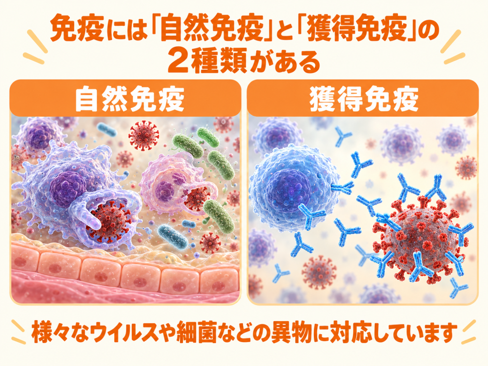 免疫には「自然免疫」と「獲得免疫」の2種類がある 様々な ウイルスや細菌などの異物に対応しています