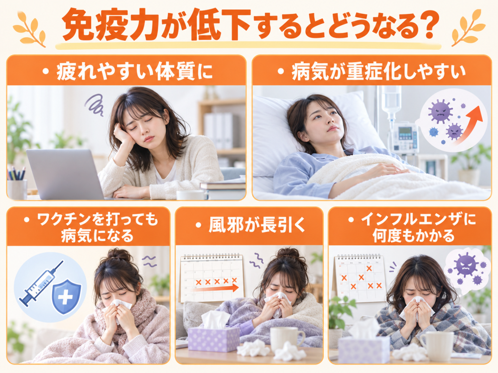 免疫力が低下するとどうなる？

・疲れやすい体質に
・病気が重症化しやすい
・ワクチンを売っても病気になる
・風邪が長引く
・インフルエンザに何度もかかる
