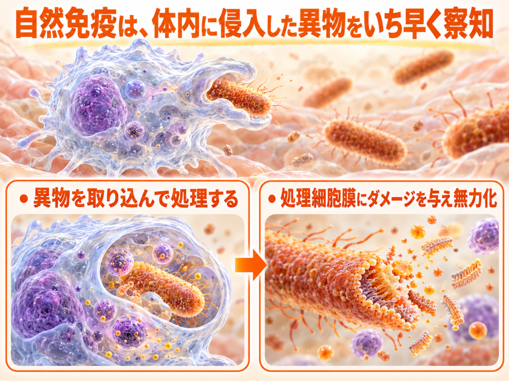 自然免疫は、体内に侵入した異物をいち早く察知 ・異物を取り込んで処理する ・処理細胞膜にダメージを与え無力化