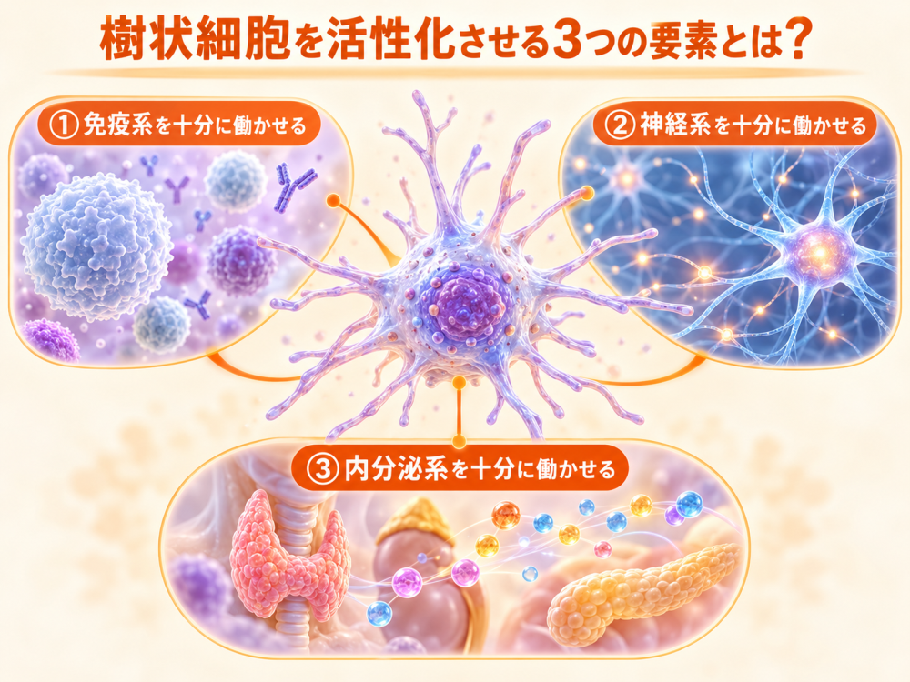 樹状細胞を活性化させる３つの要素とは？

①免疫系を十分に働かせる
②神経系を十分に働かせる
③内分泌系を十分に働かせる