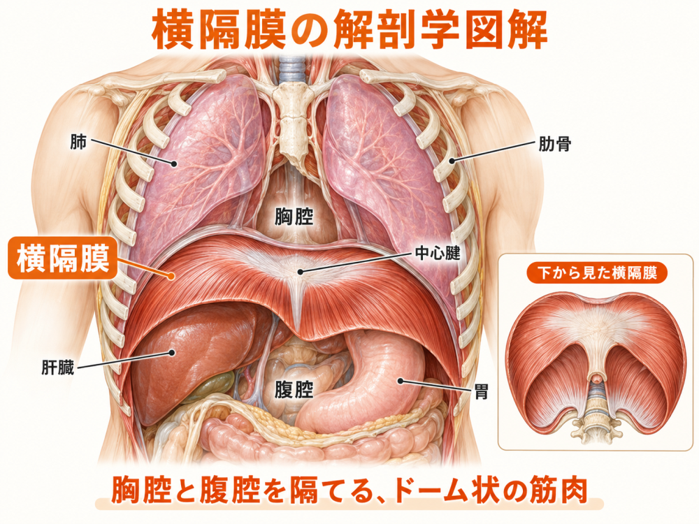 横隔膜の図解横隔膜、中心腱肺、胸腔、肋骨、肝臓、腹腔、胃下から見た横隔膜胸腔と腹腔を隔てる、ドーム状の筋肉