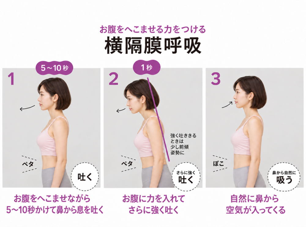 お腹を凹ませる力をつける横隔膜呼吸①5~10秒吐く・お腹をへこませながら5~10秒かけて花から息を吐く②1秒さらに強く吐く・お腹に力を入れてさらに強く吐く③鼻から自然に吸う・自然に鼻から空気が入ってくる