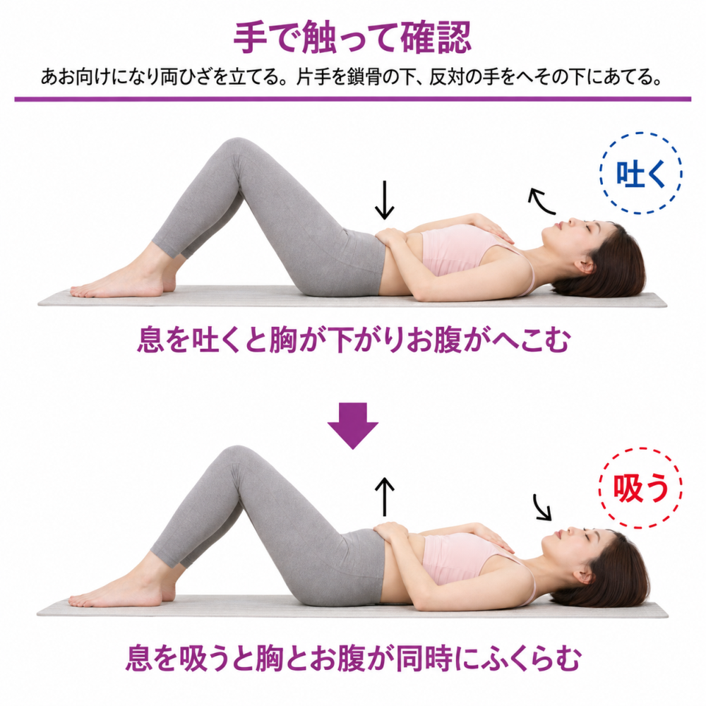 手で触って確認●仰向けになり両ひざを立てる。片手で鎖骨の下、反対の手をへその下にあてる。・吐く-息を吐くと胸が下がりお腹がへこむ・吸う-息を吸うと胸とお腹が同時にふくらむ