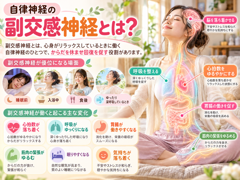 自律神経の副交感神経とは？
交感神経とは、心身がリラックスしてる時に働く自律神経の一つで、体を休ませて回復を促す役割があります。
●交感神経が優位になる場面
・睡眠時・入浴中・食後・ゆったり深呼吸している時
● 副交感神経が働くと起こる主な変化
・心拍数が落ち着く・呼吸がゆっくりになる・胃腸が働きやすくなる・筋肉の緊張は緩む ・眠りやすくなる・気持ちが落ち着く
・脳を落ち着かせる・心拍数を緩やかにする・胃腸の働きを促す・筋肉の緊張を緩める